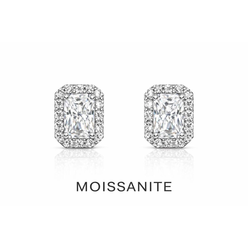 Radiant Moissanite Halo Stud Earrings in Silver – Elegant Sparkle Bridal Jewelry